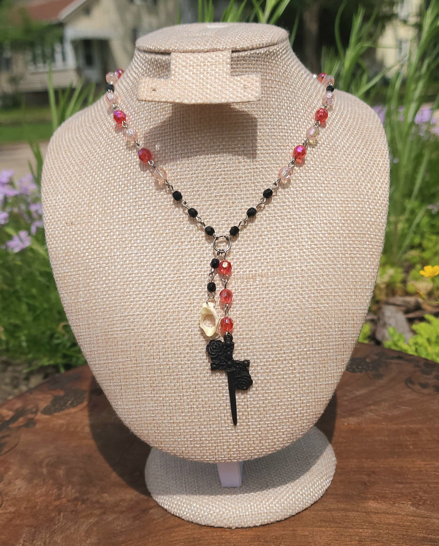 "Gothic Romance" Rosary Necklace with Muskrat Vertebrae