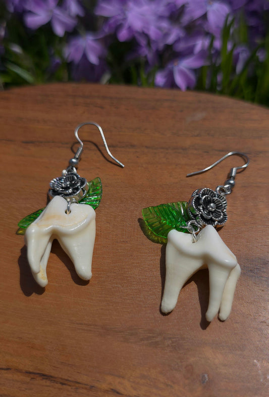 Flower Coyote Teeth Earrings