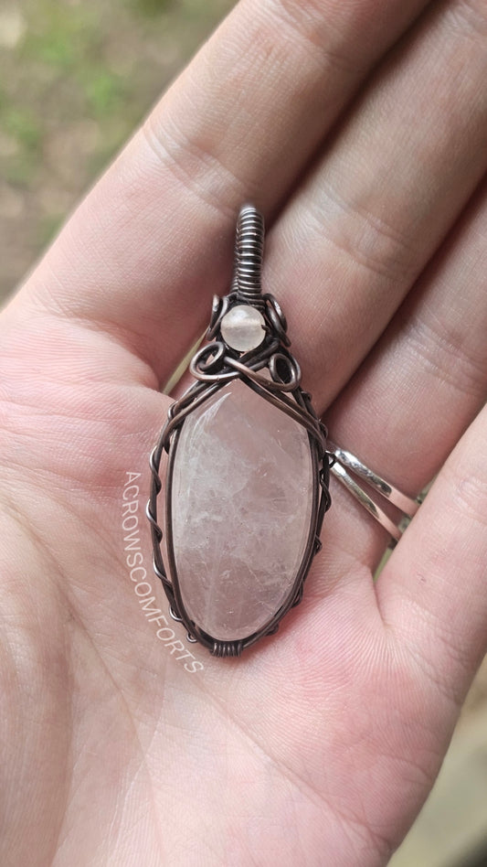 Rose quartz oxidized copper pendant