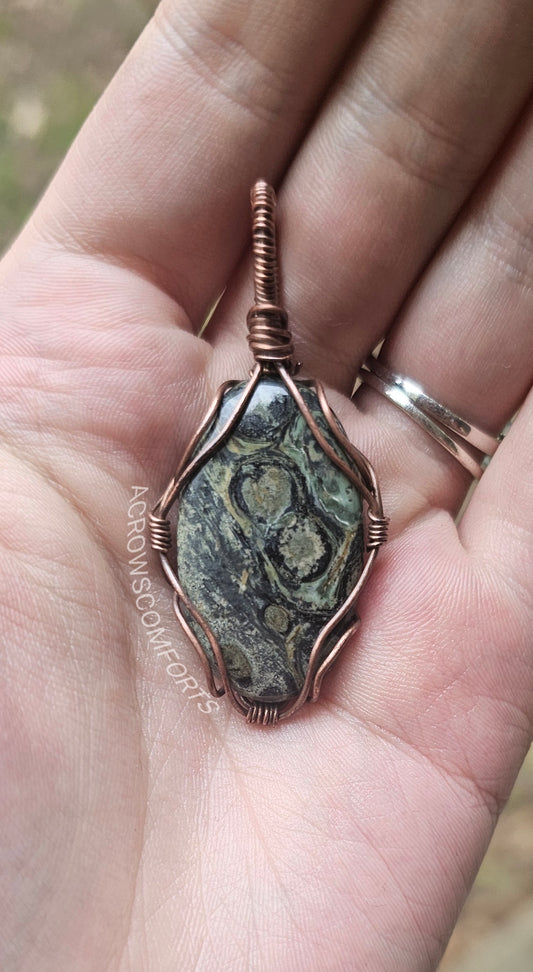 Galaxy jasper oxidized copper pendant